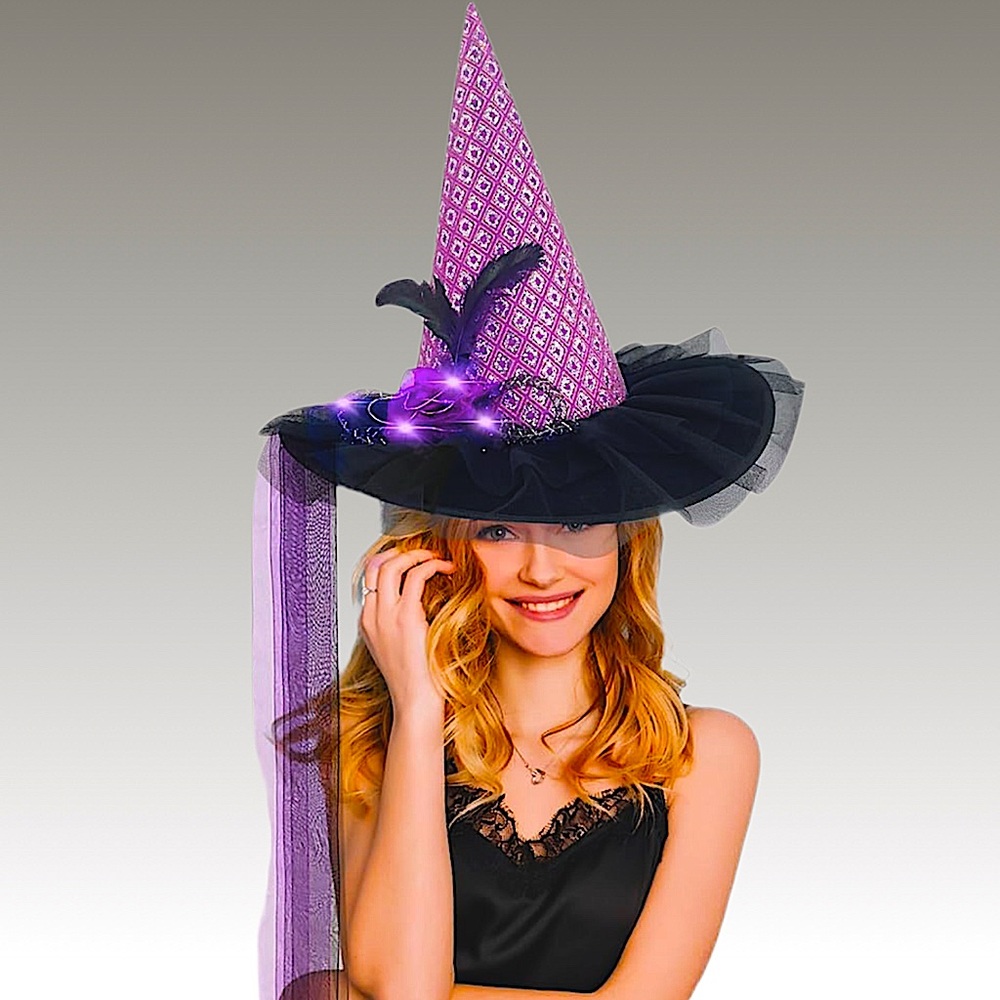 NWT Purple Witch Hat with LED‎ Lights, Feathers & Sequins